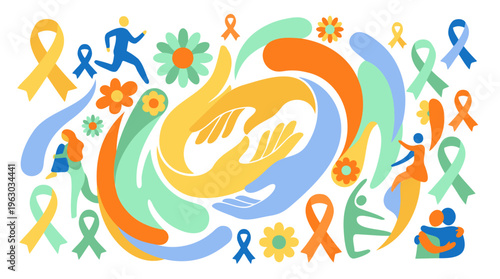 Awareness Ribbons, Diverse People Figures, and Abstract Shapes Illustrating Community Support, Health, and Hope in Vibrant Flat Design Vector Graphics for Charity Concepts.