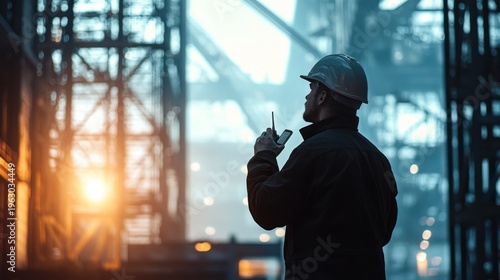 Industrial worker holding radio communicator
