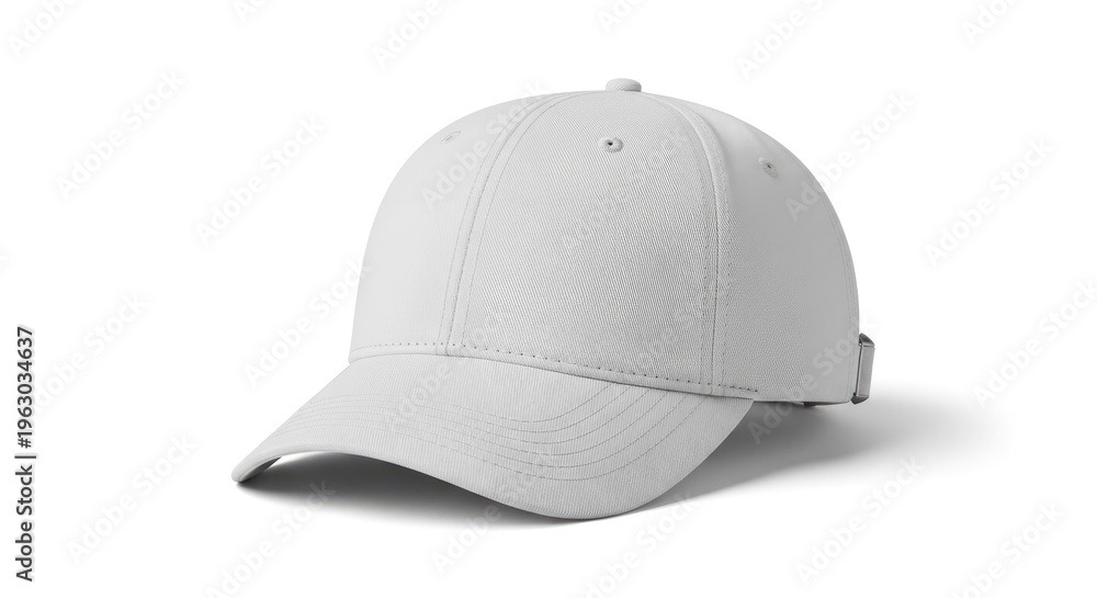 Fototapeta premium A white baseball cap with a curved brim and a strap on the back, displayed against a plain white background.