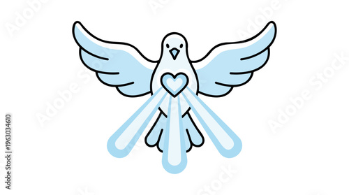 White Dove Flying with Spread Wings, Heart, and Light Rays - Peace, Love, Hope, Spirituality Symbol - Minimalist Outline Flat Vector Art Isolated Graphic Icon
