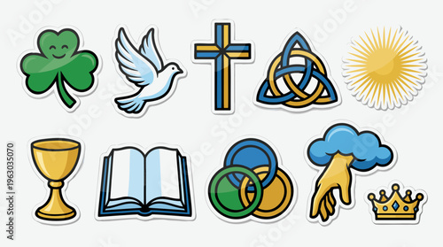 Christian & Spiritual Symbols Glossy Sticker Set with Outline for Religion Faith and Hope Concepts in Vibrant Flat Cartoon Style Vector Collection Isolated on White