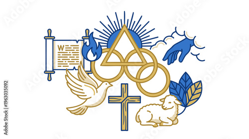 Christian Religious Symbols Collection with Trinity Knot, Cross, Dove, and Lamb, featuring Scroll & Flame, representing Faith and Divine Concepts in Modern Blue and Gold Line Art Vector Isolated
