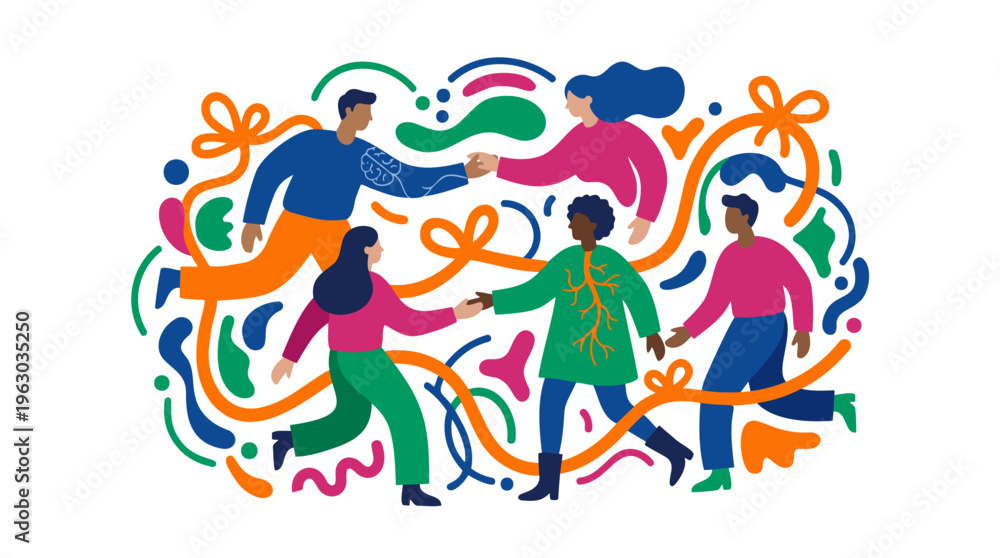 Fototapeta premium Diverse Group Community with Handshakes, Abstract Connections for Global Collaboration, Mental Wellbeing, Flat Vector Design, Vibrant Colors Illustration.