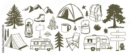 Hand drawn Camping outline doodle set. vector illustration of camper, camping tent, mug, boots and tree. best for scrapbook, t-shirt or invitation card design.