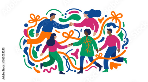 Diverse Group Community with Handshakes, Abstract Connections for Global Collaboration, Mental Wellbeing, Flat Vector Design, Vibrant Colors Illustration.