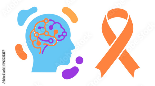 Human head brain awareness ribbon neurological network symbol mental health disease support flat colorful vector art isolated editable graphic
