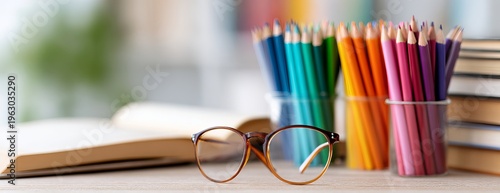 Back-to-school and lifelong learning concept featuring colorful books and drawing pencils in a bright, modern setting.