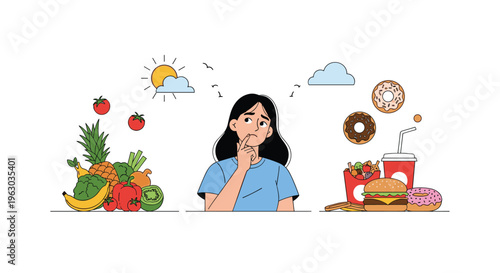 Thoughtful young woman weighing her options between healthy fruits and vegetables and unhealthy fast food like burgers and donuts.