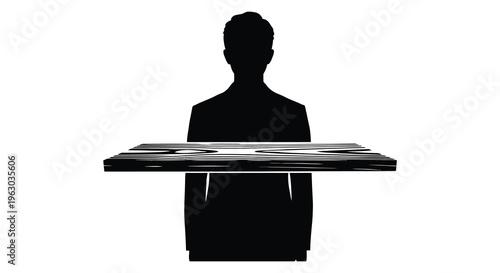 A man presenting a distorted reflective surface as a display silhouette