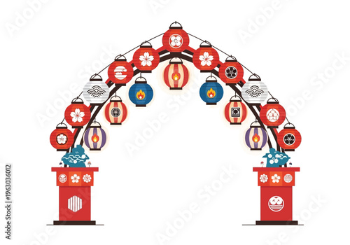 Traditional Japanese Festival Archway with Lanterns and Guardian Statues.