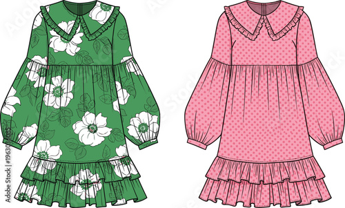 Floral women dresses vector illustration featuring long sleeve fashion garments with ruffles and patterns in elegant modern clothing design