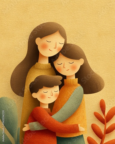 Warm family embrace illustration with hand-crafted paper texture and soft earthy colors.