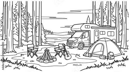 Campground with recreational vehicle and tent in a forest.