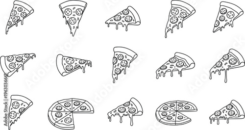 Hand-Drawn Pizza Slices with Dripping Cheese and Toppings for Food, Pizza, and Culinary Illustrations