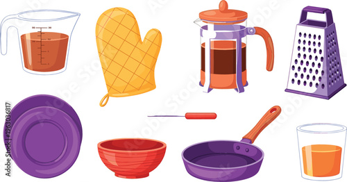 Kitchen utensils and cookware vector set featuring measuring jug, oven mitt, french press, grater, plates, bowls, pan and glass illustration