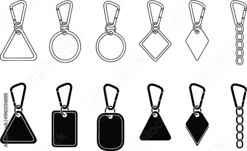 Minimal keychain clasp and tag vector set featuring carabiner hooks, rings, chains and blank label shapes in outline and solid styles
