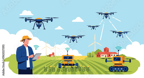 Farmer using a tablet to control a fleet of agricultural drones and robotic tractors in a modern green field with wind turbines.