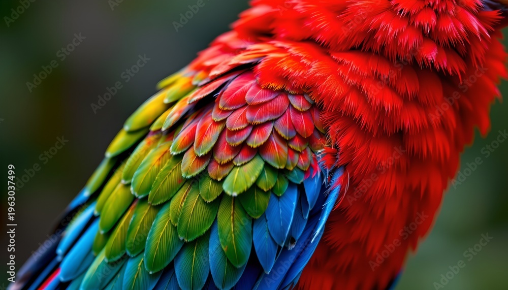Obraz premium The image features a close up of a vividly colored bird with an intricate arrangement of feathers