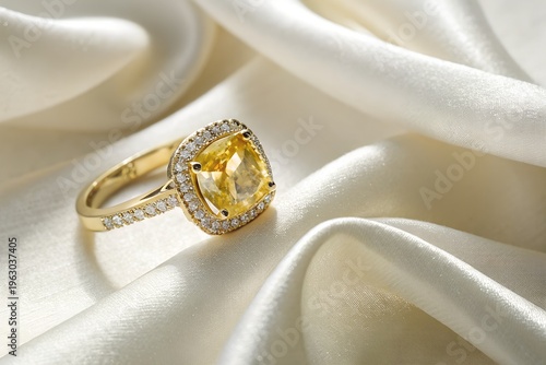 A luxurious yellow cushion-cut diamond ring crafted in gleaming gold, elegantly displayed on soft, flowing white satin, perfect for capturing attention in high-end jewelry advertisements, representing