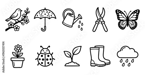 A simple black line icon set of 10 gardening and spring elements. Suitable for landscaping services, organic farm branding, spring festivals, and educational worksheets.