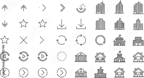 Minimal line icon set featuring arrows, navigation symbols, playback controls and building architecture elements in clean outline vector style