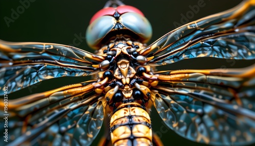 A close up image of a dragonfly showcases its intricate details, with a focus on its head, eyes, and outspread wings