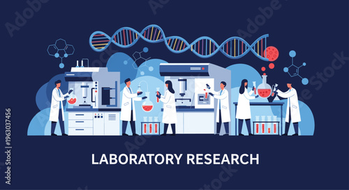 Diverse group of scientists in white coats performing research and experiments in a high-tech laboratory with test tubes and DNA models.