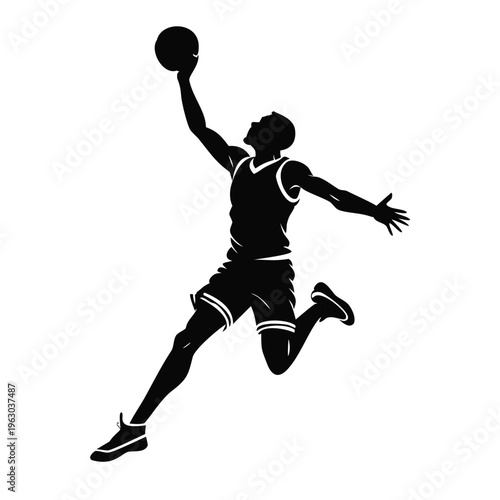 Basketball player slam dunk silhouette. Dynamic male athlete jumping with ball vector illustration. Sports graphic element isolated on transparent background