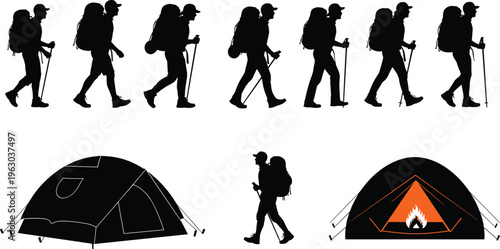 Hiking camping silhouette illustrations, outdoor adventure artwork, trekking design collection, black white figure set, stylized nature profiles