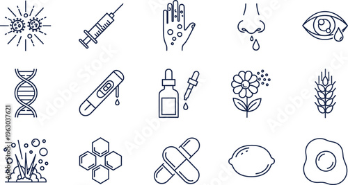Allergy and Medical Healthcare Icon Set Featuring Pollen, Syringes, Virus, DNA, Laboratory Tests, Seasonal Allergies, Medication Pills, Skin Rash, and Diagnostics