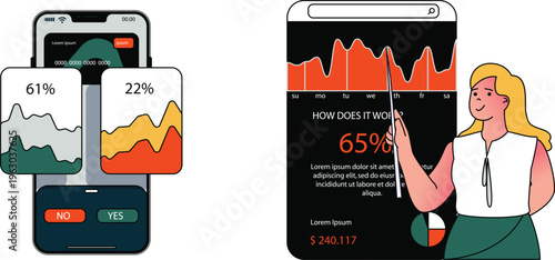 Woman demonstrating mobile app with analytics and user engagement metrics displayed on screens around her