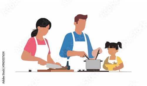 Family Cooking Together in Kitchen Flat Vector Illustration Happy Home Activity Scene