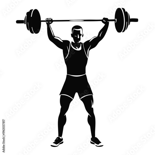 Weightlifter pose silhouette vector illustration. Strong man lifting barbell overhead for gym and fitness concept. Flat design graphic element isolated on transparent background