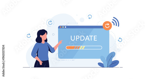 Professional woman pointing at a large computer screen with a progress bar and text indicating a system software update is in progress.