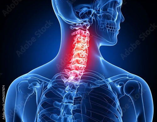 Rendered anatomical illustration depicting a human neck with highlighted cervical spine, showing potential inflammation