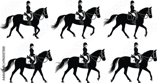 Horse rider silhouette illustrations, equestrian motion artwork, horseback design collection, black white figure set, stylized gait profiles