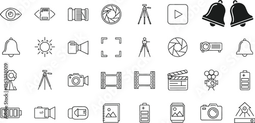 Photography and video production line icon set featuring camera, tripod, lens, clapperboard, lighting and media equipment outline vector illustration