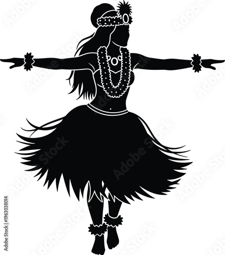 Hula dancer silhouette illustration, Hawaiian dance artwork, cultural motion design collection, black white figure set, stylized island profiles