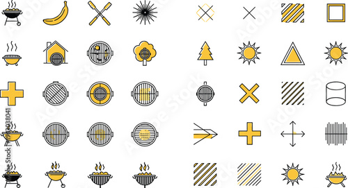 Abstract geometric and outdoor icon set featuring barbecue grills, sun symbols, trees, patterns and shapes in modern line vector style
