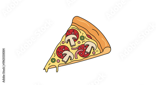 Delicious single slice of thin crust pizza topped with pepperoni slices, mushrooms, green peppers, and melting cheese.