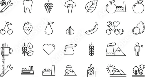 Agriculture and food line icon set featuring fruits, vegetables, factory, wheat, coffee, nature and farming elements outline vector illustration