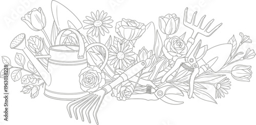 A beautiful line art illustration of garden tools and various blooming flowers, perfect for spring coloring books or creative outdoor themed projects.