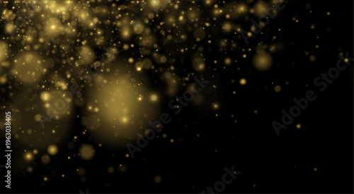 Yellow glitter dust sparkles, glowing light on dark background with shimmer, twinkle. Twinkle particles, stardust highlights flare sparks, lens flare, glare, magical festive glow, vector illustration.
