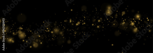 Yellow glitter dust sparkles in dark light with shimmer, twinkle night bokeh. Particle stardust highlights flare while sparks, glare, lens flare create magical festive glow, vector illustration.