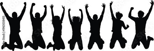 Jumping people silhouette illustrations, celebration artwork collection, dynamic motion design set, black white figure profiles, stylized energy graphics