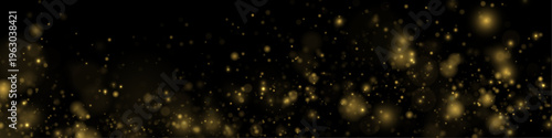 Golden glitter dust floats in night light, scattering sparkle, shimmer, twinkle bokeh. Sparks, stardust, highlights, flare, lens flare, glare, magical festive vector illustration on dark background. 