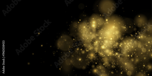 Yellow dust sparkles night darkness with shimmer, glitter, sparkle dark bokeh. Twinkle particle, stardust highlights flare while sparks, glare, lens flare magical golden festive vector illustration. 