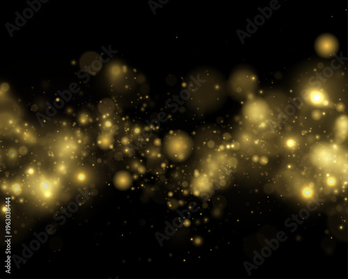 Golden dust light on black background, sparkle, shimmer, glitter bokeh. Twinkle particles, stardust highlights flare. Sparks, lens flare, glare, magical festive light enhance the vector illustration.