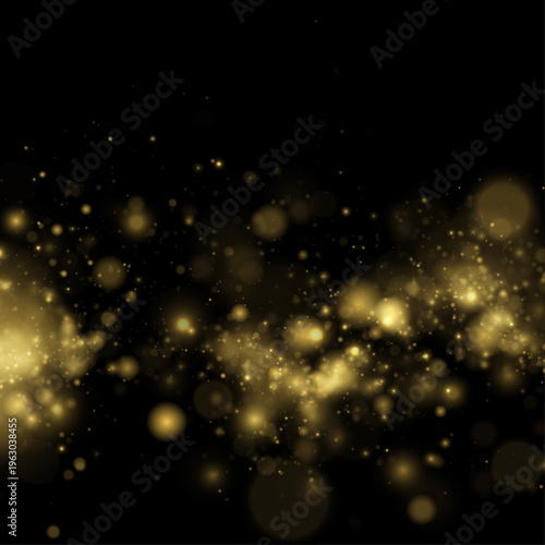Yellow glitter dust sparkles in dark light with shimmer, twinkle night bokeh. Particle stardust highlights flare while sparks, glare, lens flare create magical festive glow, vector illustration.