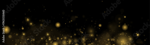 Yellow dust glimmers in glowing light with sparkle, shimmer, glitter bokeh. Twinkle particles, stardust highlights flare while sparks, lens flare, glare, magical festive glow, vector illustration.